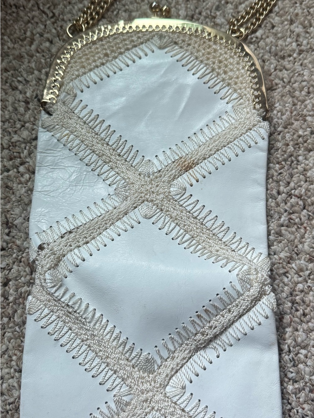 Vintage White Leather-Crochet-patchwork bag